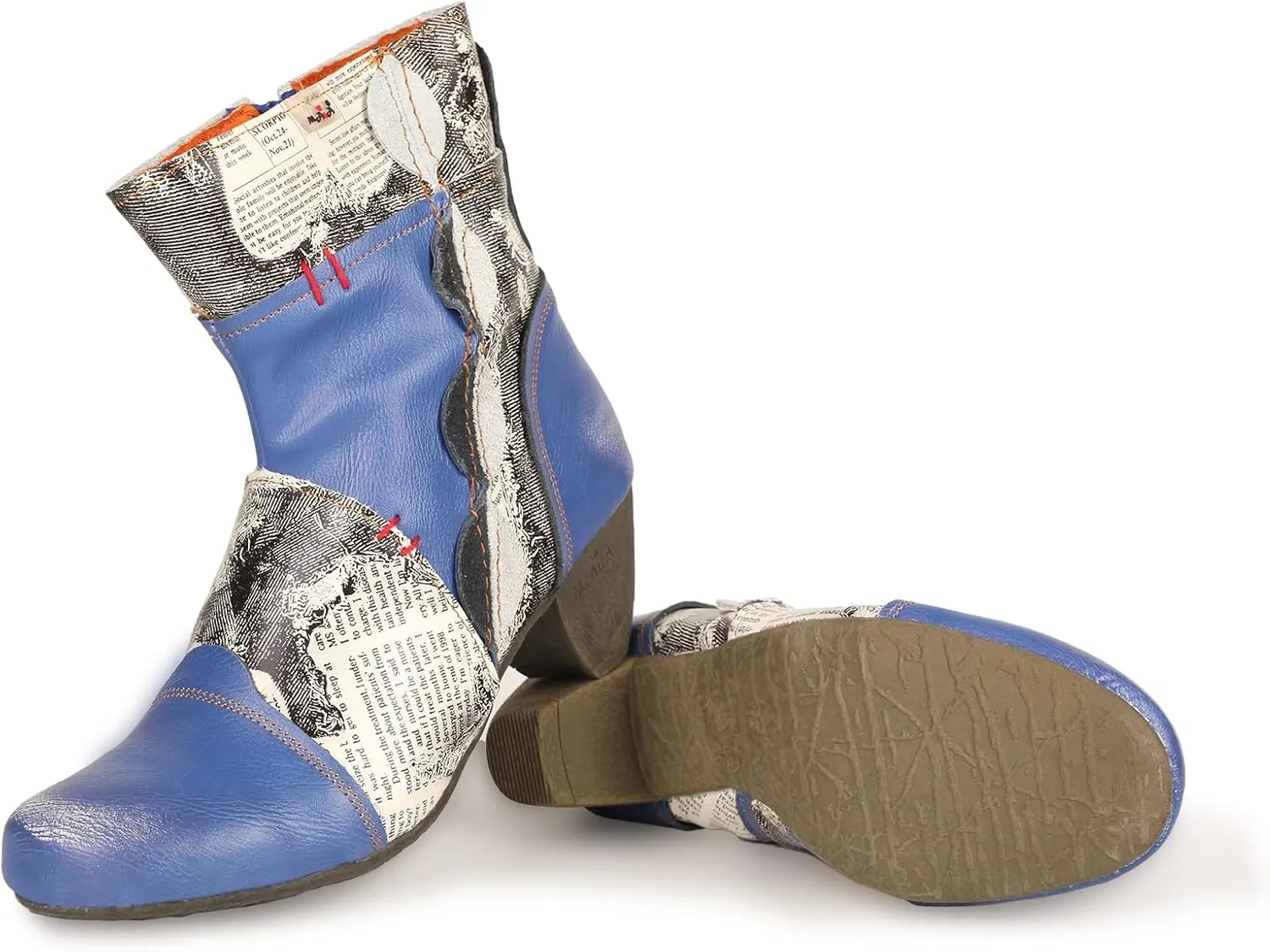 TMA EYES Newsprint Patchwork Leather Women's Heel Boots