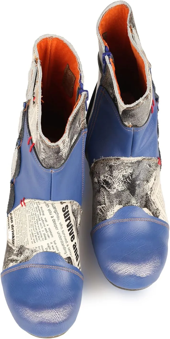 TMA EYES Newsprint Patchwork Leather Women's Heel Boots