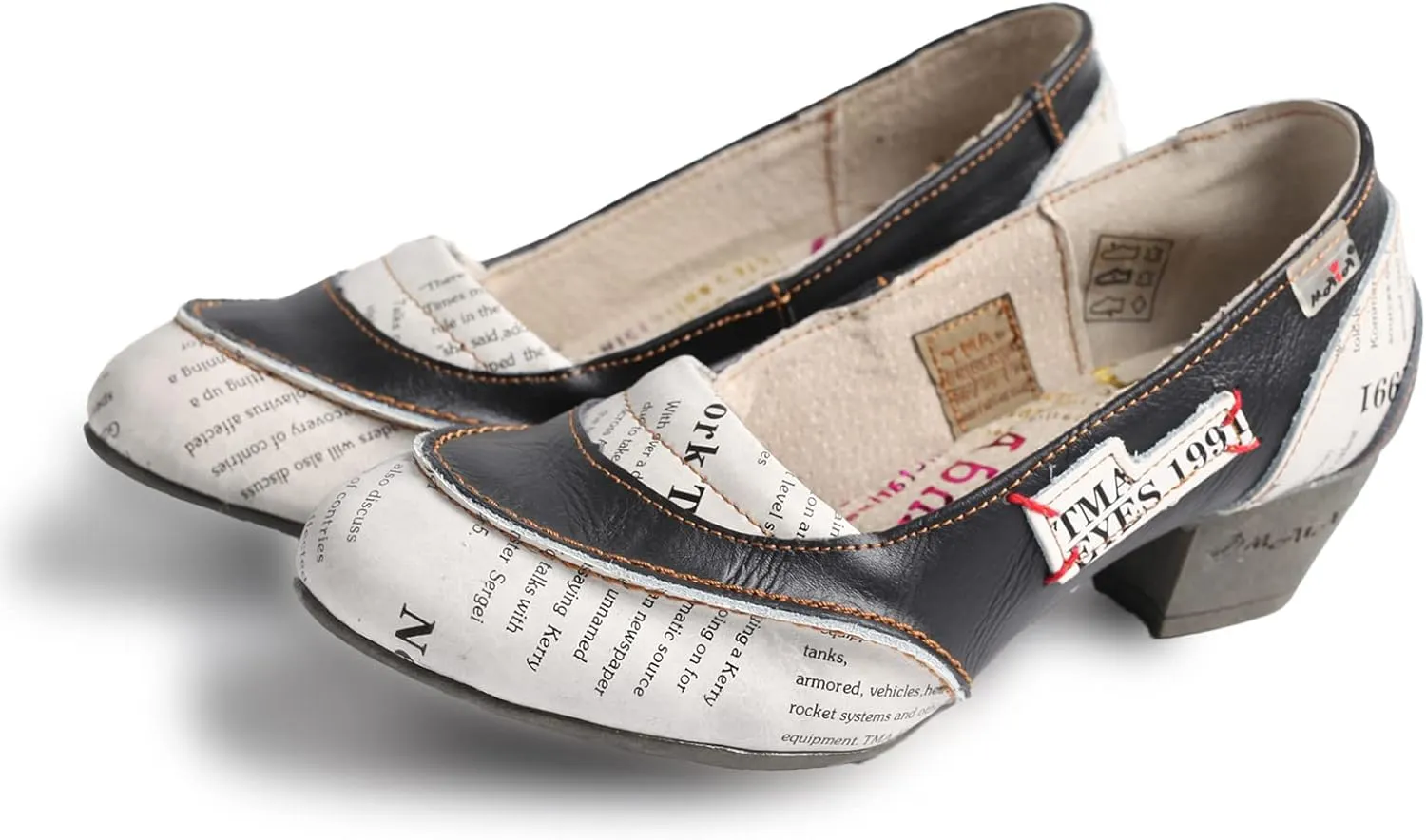TMA EYES Patchwork Newspaper Printed Leather Low-Heeled Women Shoes