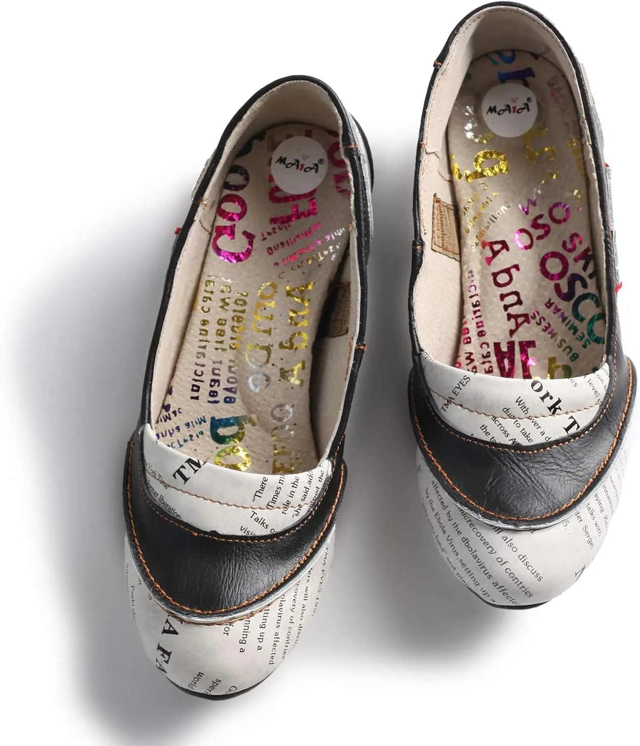 TMA EYES Patchwork Newspaper Printed Leather Low-Heeled Women Shoes