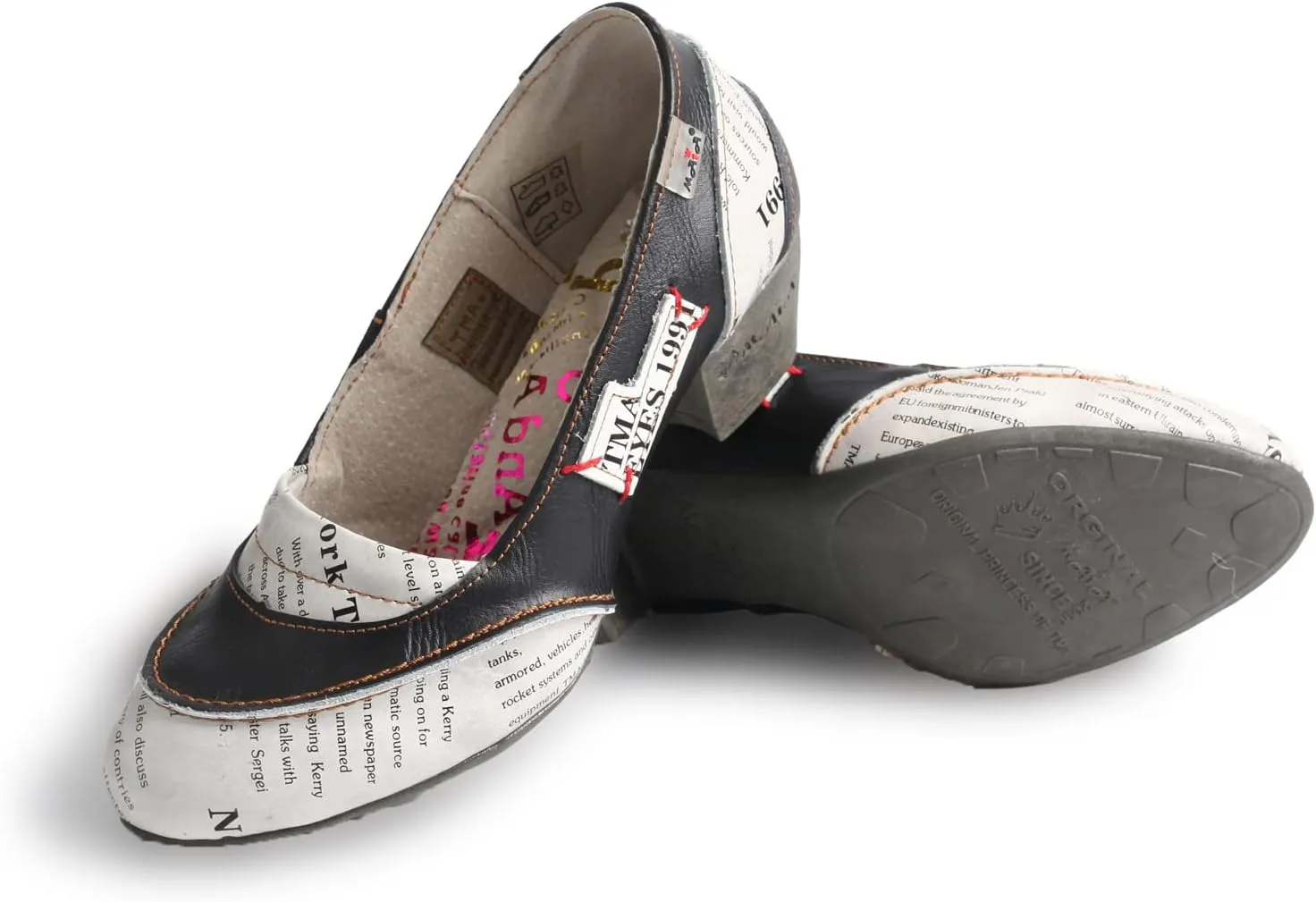 TMA EYES Patchwork Newspaper Printed Leather Low-Heeled Women Shoes