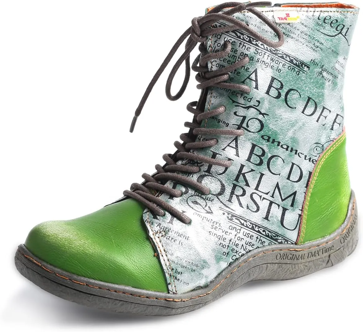 TMA EYES Women's Leather Ankle Boots Lace-Up Patchwork Letter Printing Leather Boots for Women