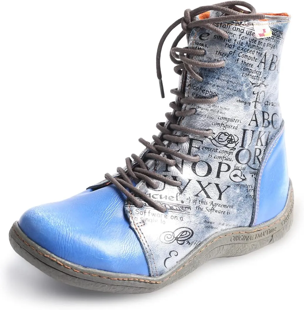 TMA EYES Women's Leather Ankle Boots Lace-Up Patchwork Letter Printing Leather Boots for Women