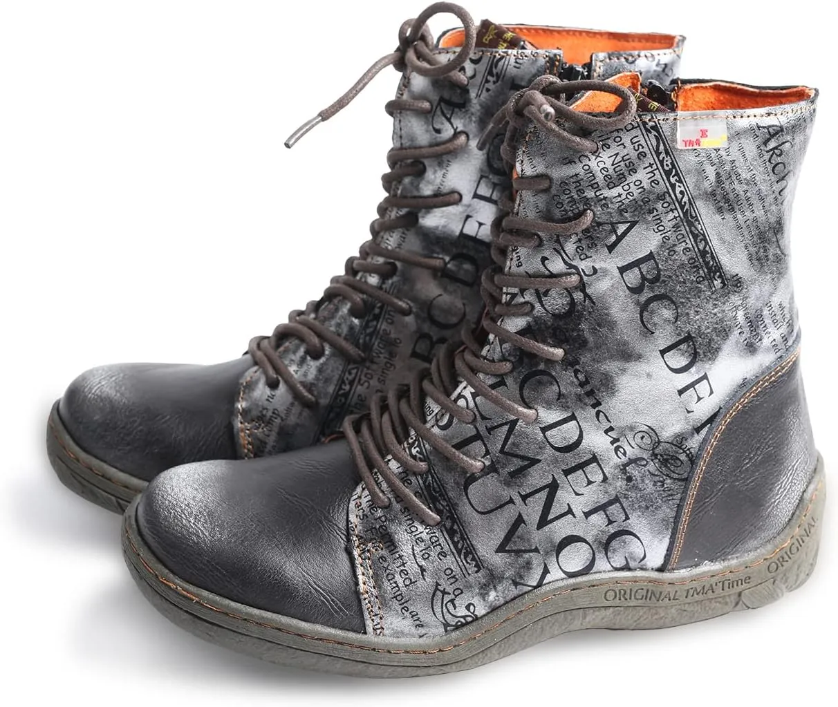 TMA EYES Women's Leather Ankle Boots Lace-Up Patchwork Letter Printing Leather Boots for Women