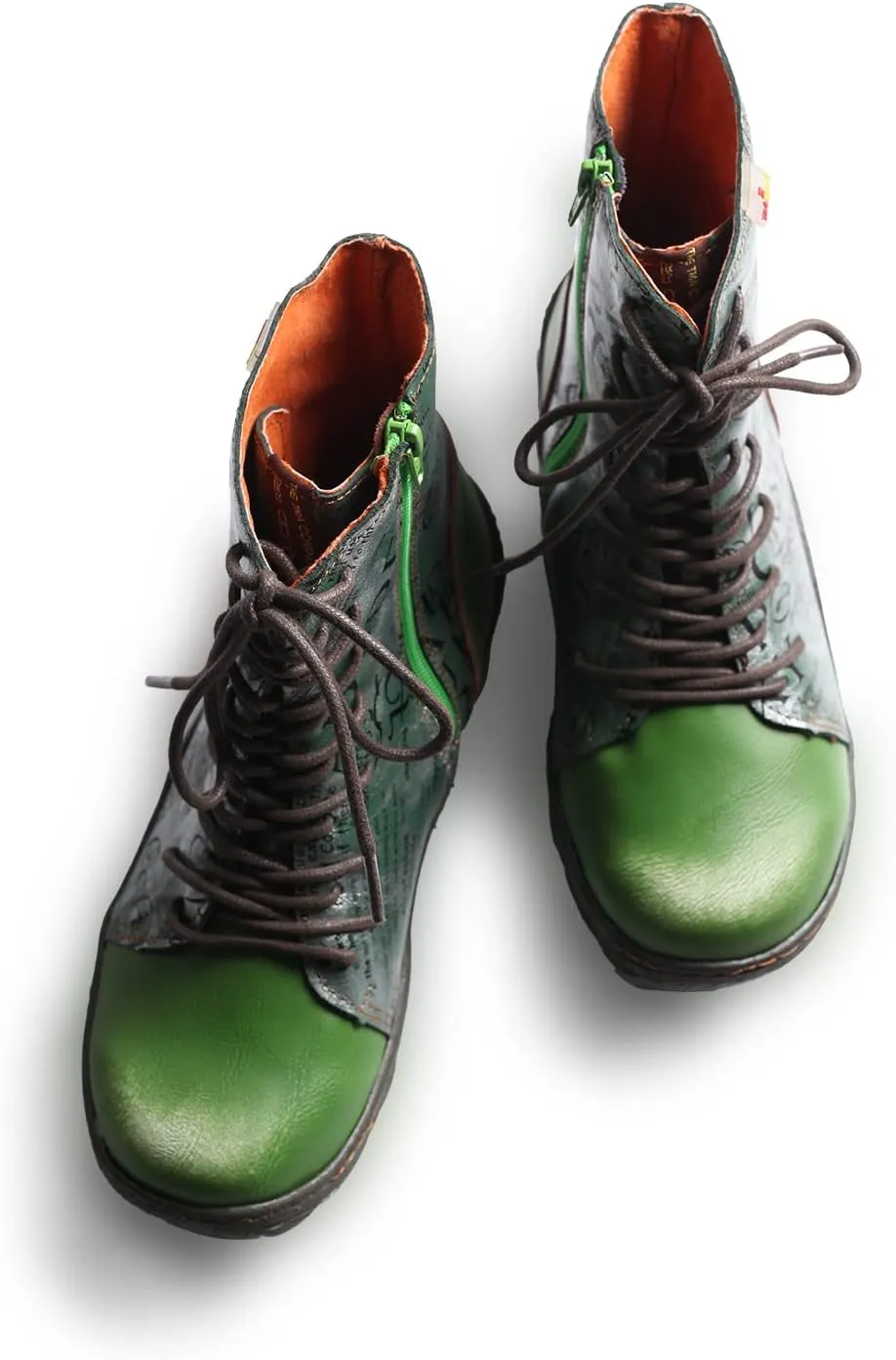 TMA EYES Women's Leather Ankle Boots Lace-Up Patchwork Letter Printing Leather Boots for Women