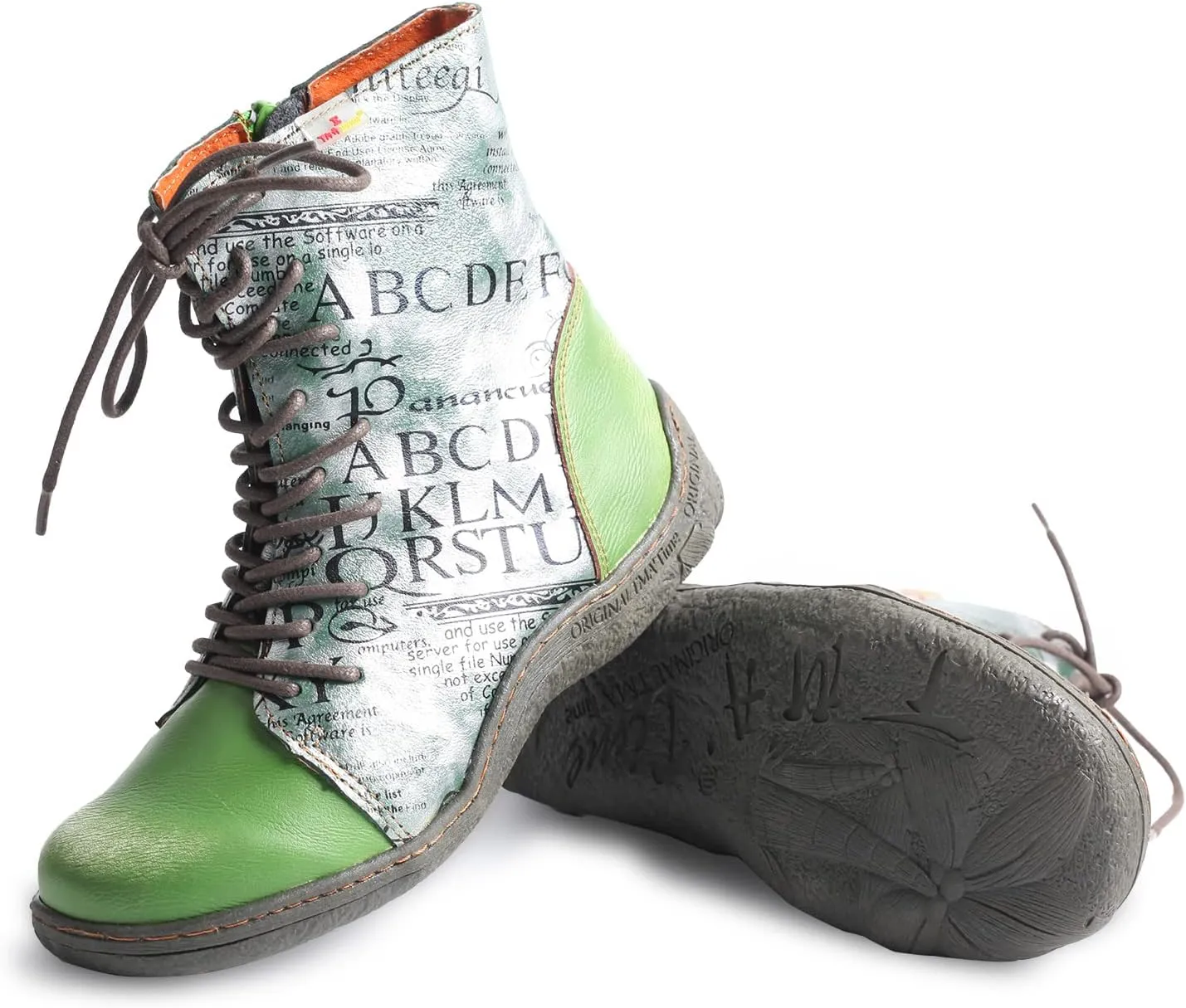 TMA EYES Women's Leather Ankle Boots Lace-Up Patchwork Letter Printing Leather Boots for Women