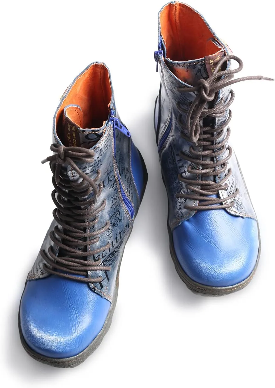 TMA EYES Women's Leather Ankle Boots Lace-Up Patchwork Letter Printing Leather Boots for Women