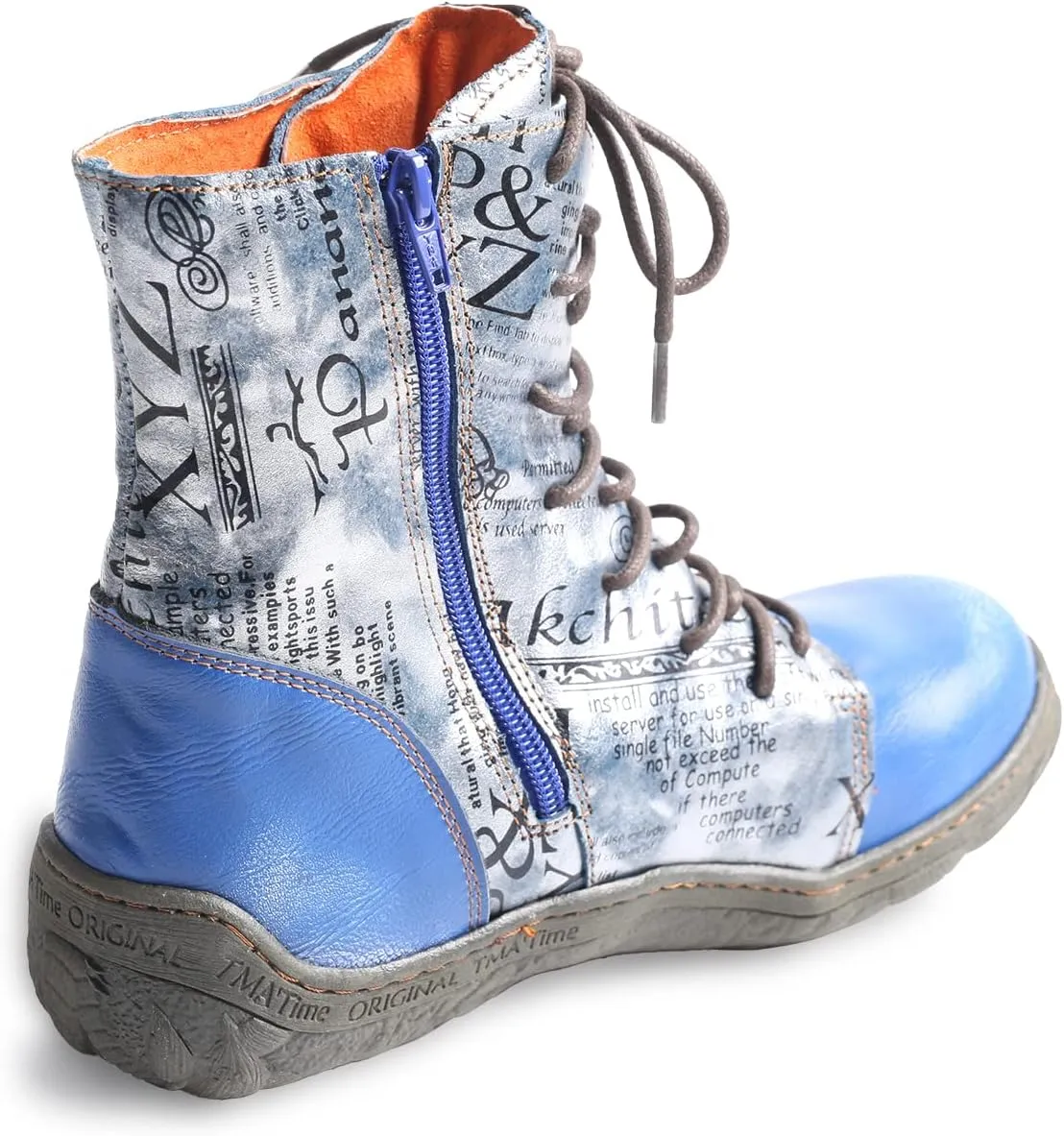 TMA EYES Women's Leather Ankle Boots Lace-Up Patchwork Letter Printing Leather Boots for Women
