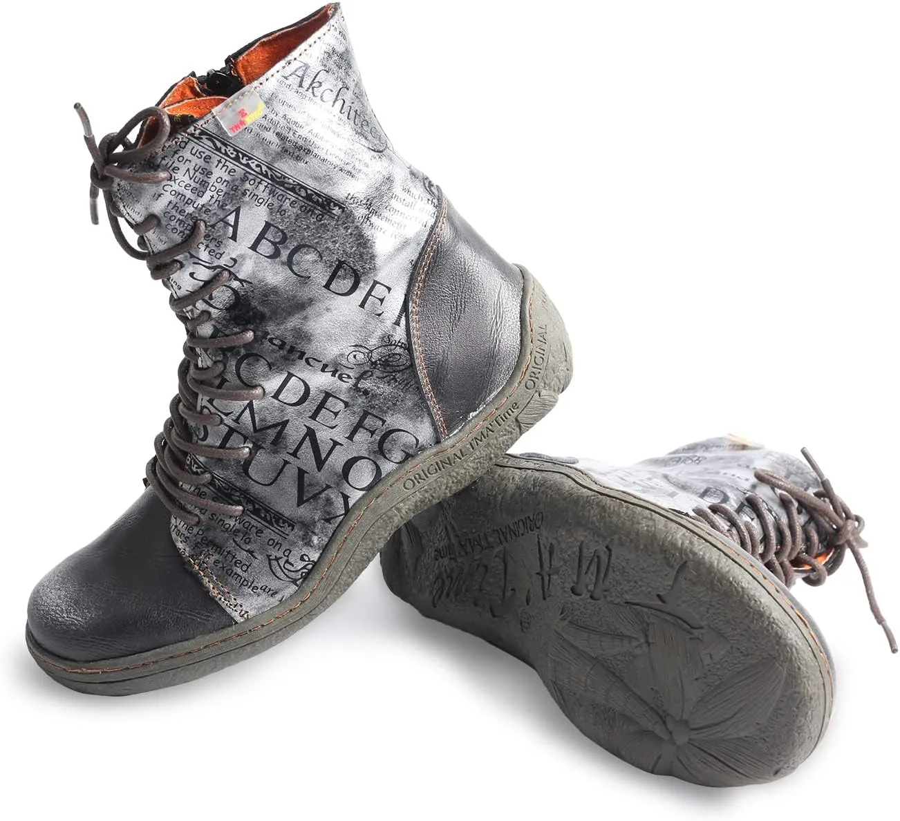 TMA EYES Women's Leather Ankle Boots Lace-Up Patchwork Letter Printing Leather Boots for Women