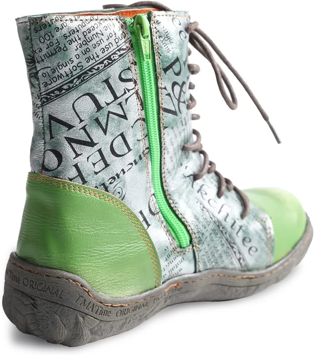 TMA EYES Women's Leather Ankle Boots Lace-Up Patchwork Letter Printing Leather Boots for Women
