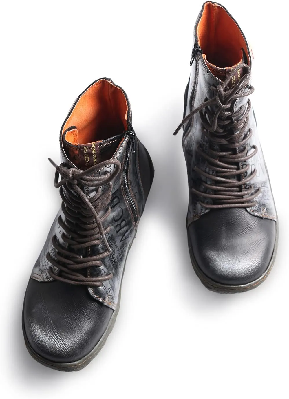 TMA EYES Women's Leather Ankle Boots Lace-Up Patchwork Letter Printing Leather Boots for Women