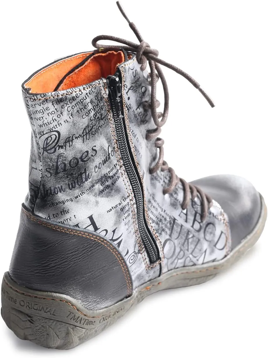 TMA EYES Women's Leather Ankle Boots Lace-Up Patchwork Letter Printing Leather Boots for Women