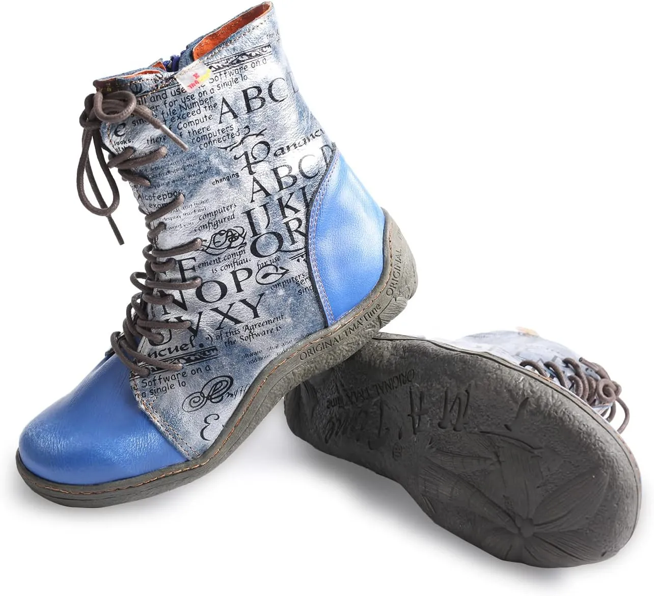 TMA EYES Women's Leather Ankle Boots Lace-Up Patchwork Letter Printing Leather Boots for Women