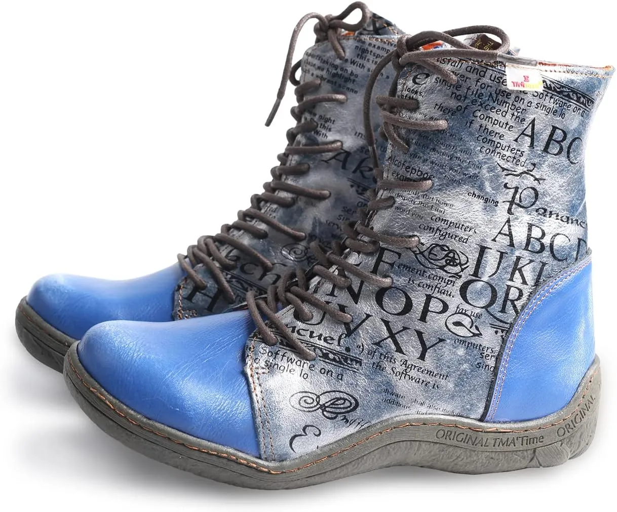 TMA EYES Women's Leather Ankle Boots Lace-Up Patchwork Letter Printing Leather Boots for Women