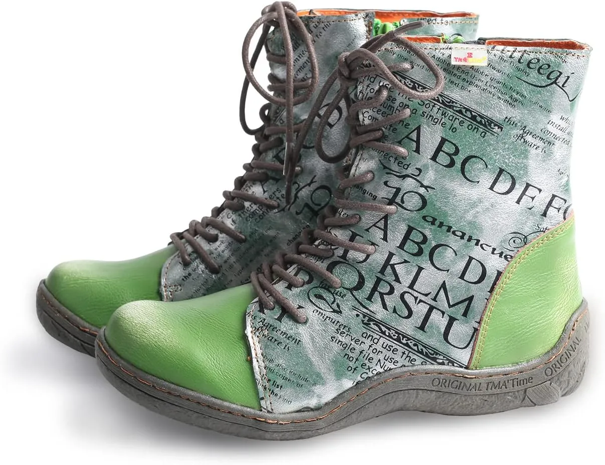 TMA EYES Women's Leather Ankle Boots Lace-Up Patchwork Letter Printing Leather Boots for Women