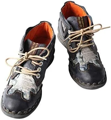 TMA EYES Women's leather printed patchwork ankle boots lace-up fashion shoes