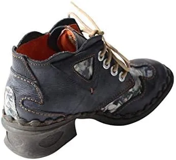 TMA EYES Women's leather printed patchwork ankle boots lace-up fashion shoes