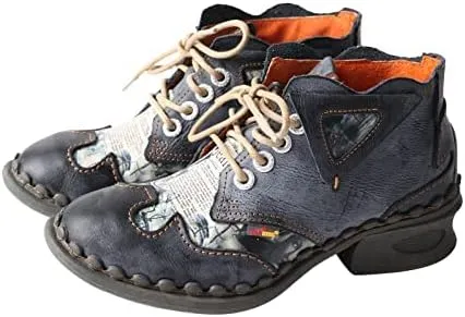 TMA EYES Women's leather printed patchwork ankle boots lace-up fashion shoes