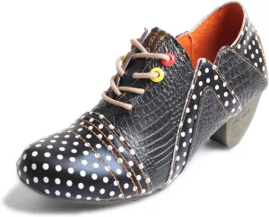 TMA EYES Women's Retro Polka Dot Leather Booties Low Heel Lace Up Women's Ankle Boots
