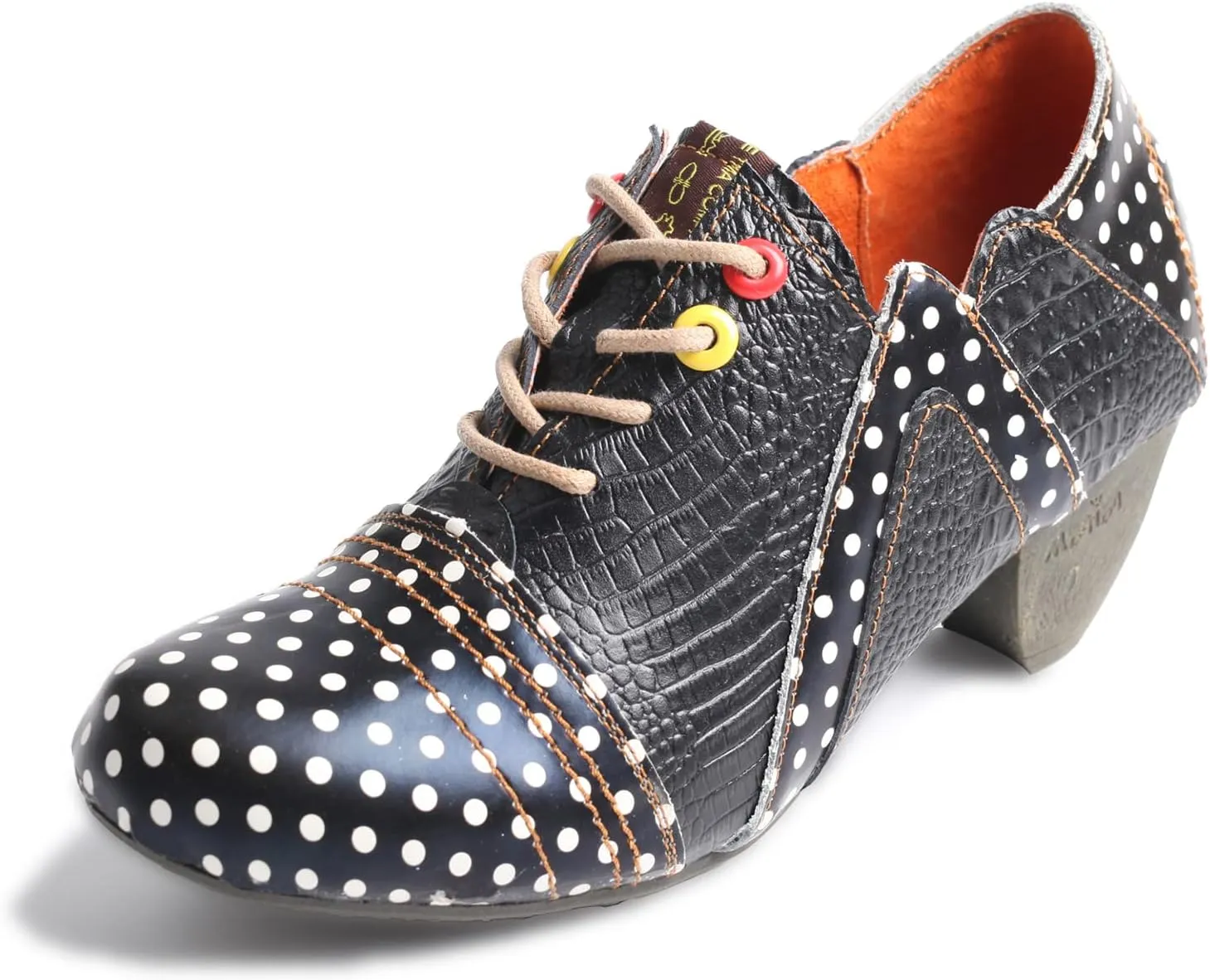 TMA EYES Women's Retro Polka Dot Leather Booties Low Heel Lace Up Women's Ankle Boots