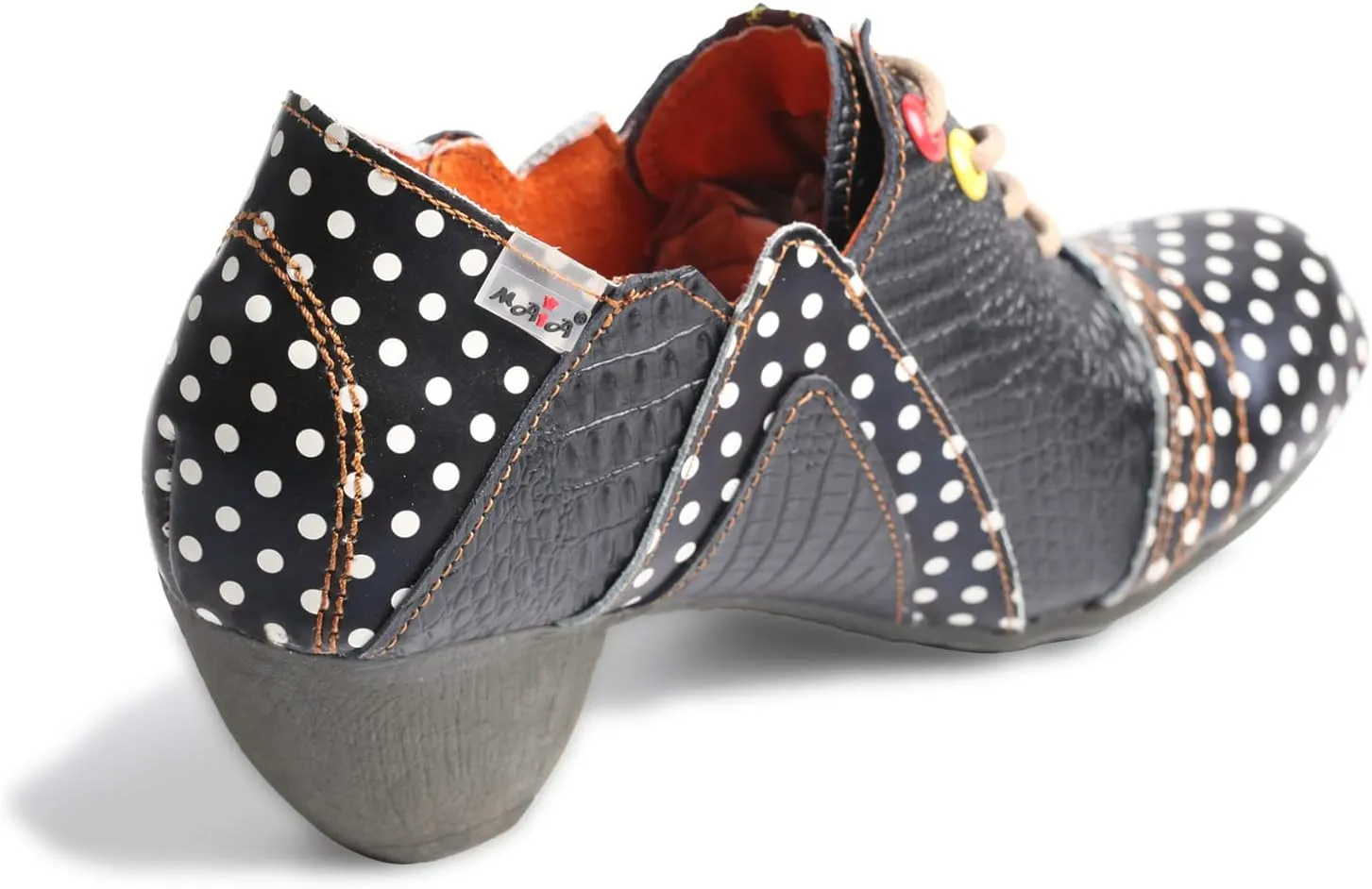 TMA EYES Women's Retro Polka Dot Leather Booties Low Heel Lace Up Women's Ankle Boots