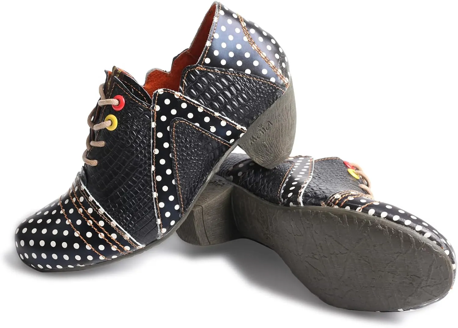 TMA EYES Women's Retro Polka Dot Leather Booties Low Heel Lace Up Women's Ankle Boots
