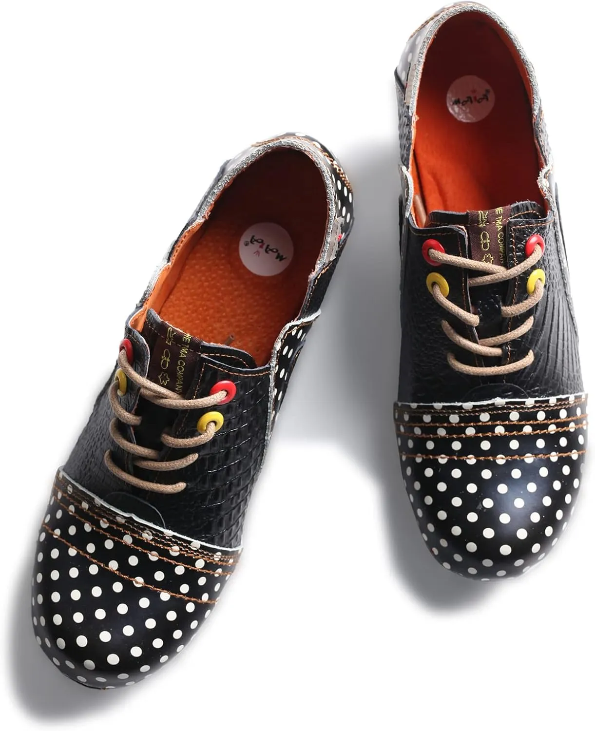 TMA EYES Women's Retro Polka Dot Leather Booties Low Heel Lace Up Women's Ankle Boots