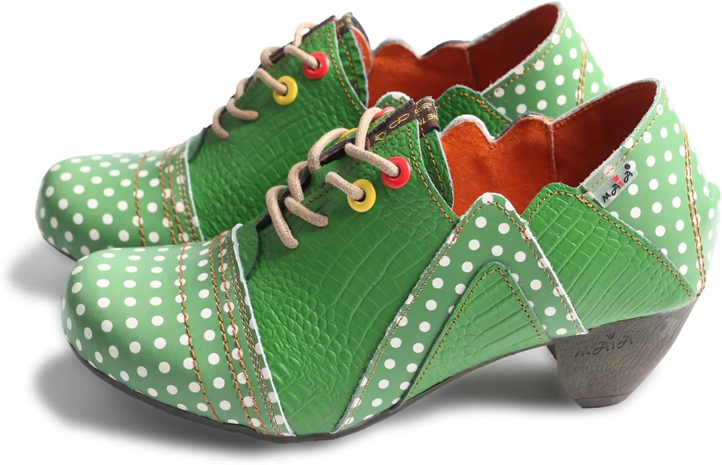 TMA EYES Women's Retro Polka Dot Leather Booties Low Heel Lace Up Women's Ankle Boots