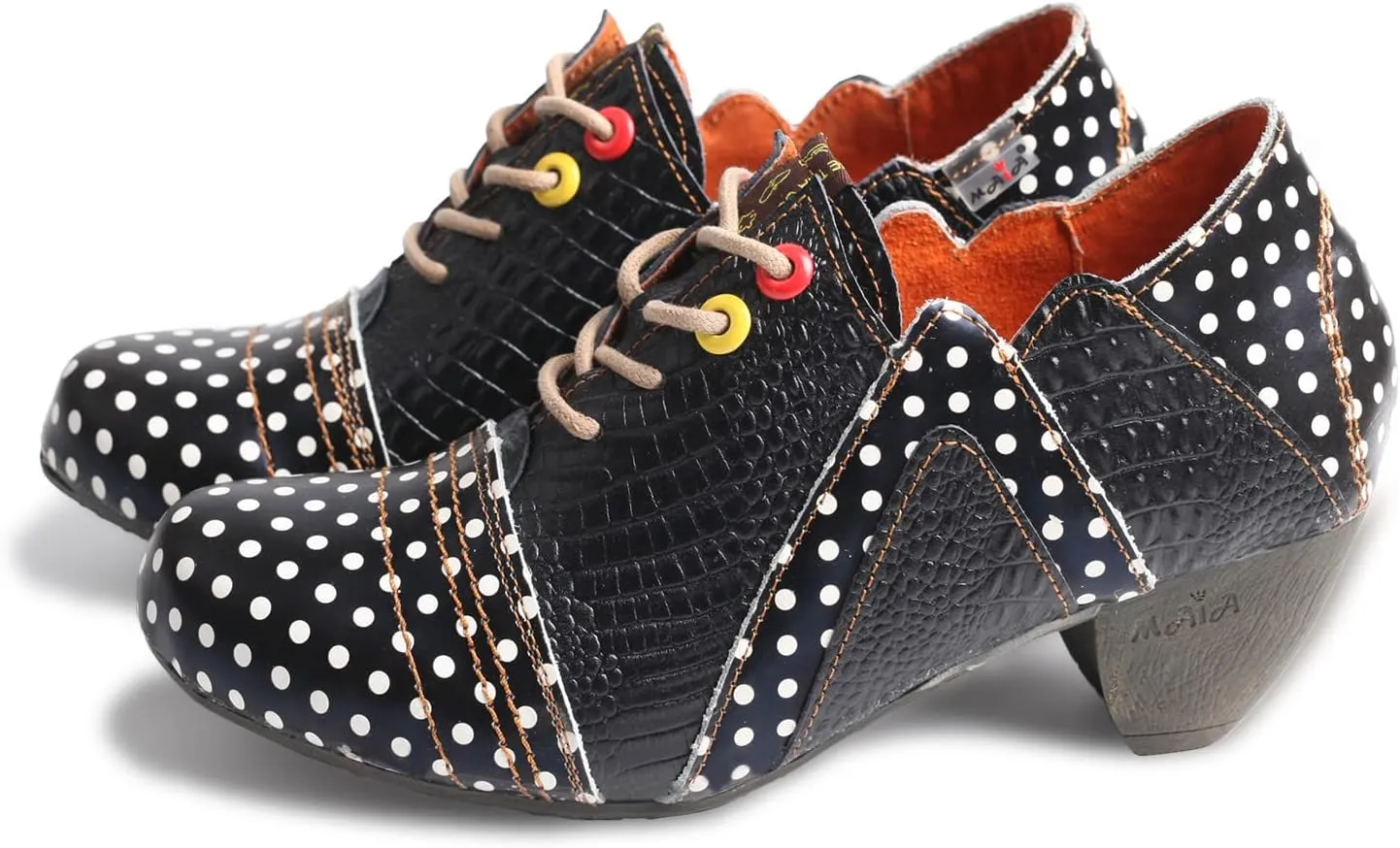 TMA EYES Women's Retro Polka Dot Leather Booties Low Heel Lace Up Women's Ankle Boots