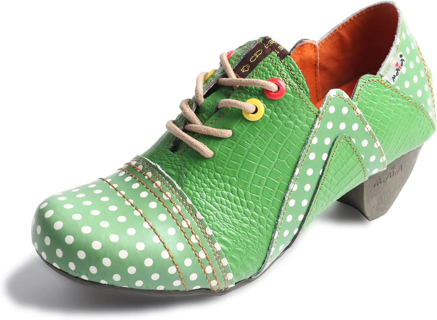 TMA EYES Women's Retro Polka Dot Leather Booties Low Heel Lace Up Women's Ankle Boots