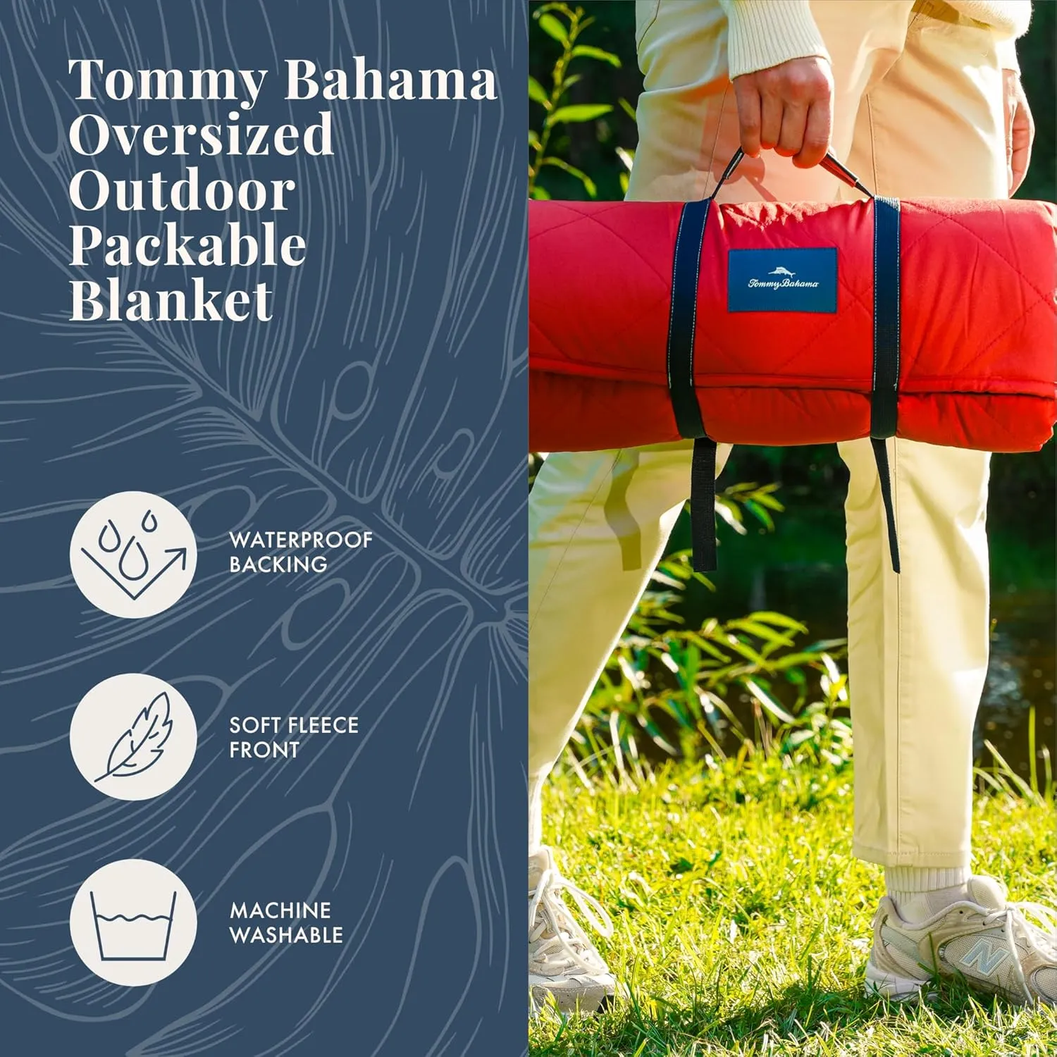 Tommy Bahama Outdoor Waterproof Picnic Blanket - Lightweight Portable Design with Carry Strap - Perfect for The Beach, Park, Camping, Concerts and More, 50" x 70"