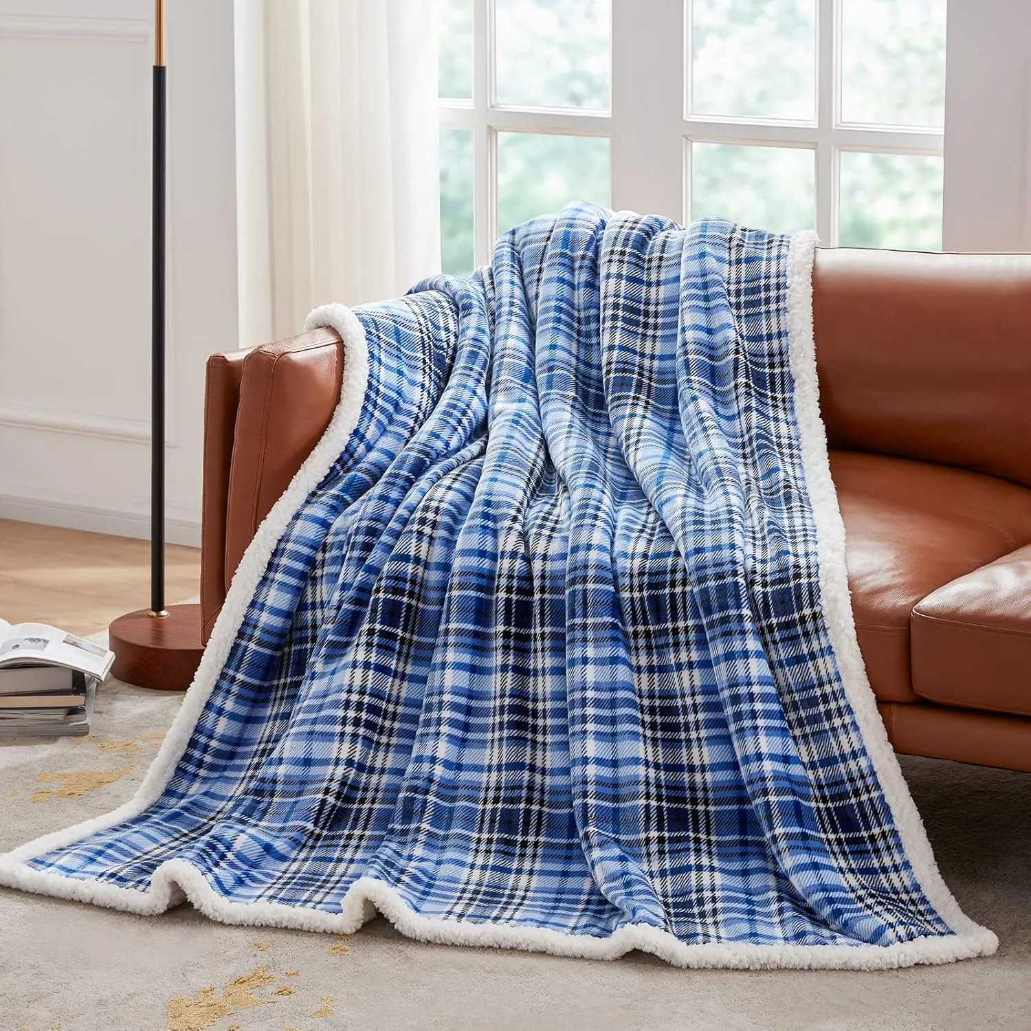 Touchat Sherpa Plaid Throw Blanket(60" X 70", Plaid Blue), Fuzzy Fluffy Cozy Soft Blanket, Fleece Flannel Plush Twin Size Microfiber Blanket for Couch Bed Sofa