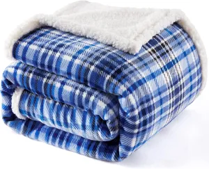 Touchat Sherpa Plaid Throw Blanket(60" X 70", Plaid Blue), Fuzzy Fluffy Cozy Soft Blanket, Fleece Flannel Plush Twin Size Microfiber Blanket for Couch Bed Sofa