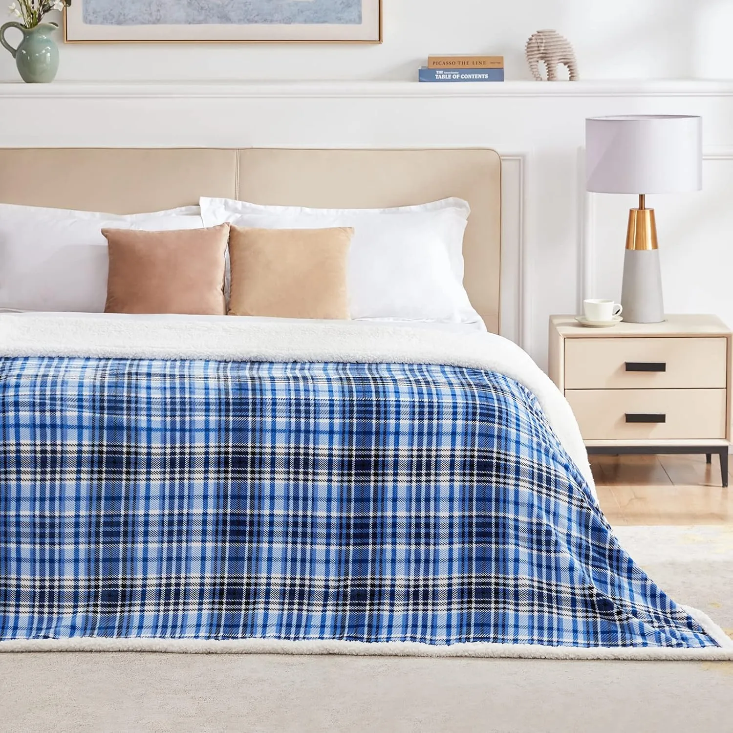 Touchat Sherpa Plaid Throw Blanket(60" X 70", Plaid Blue), Fuzzy Fluffy Cozy Soft Blanket, Fleece Flannel Plush Twin Size Microfiber Blanket for Couch Bed Sofa
