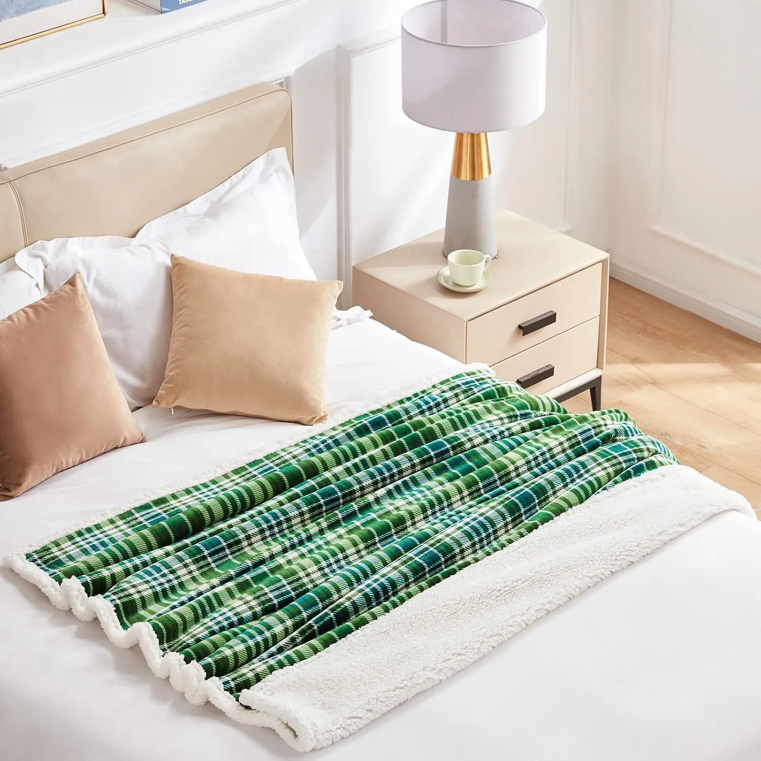 Touchat Sherpa Plaid Throw Blanket(60" X 70", Plaid Green), Fuzzy Fluffy Cozy Soft Blanket, Fleece Flannel Plush Twin Size Microfiber Blanket for Couch Bed Sofa