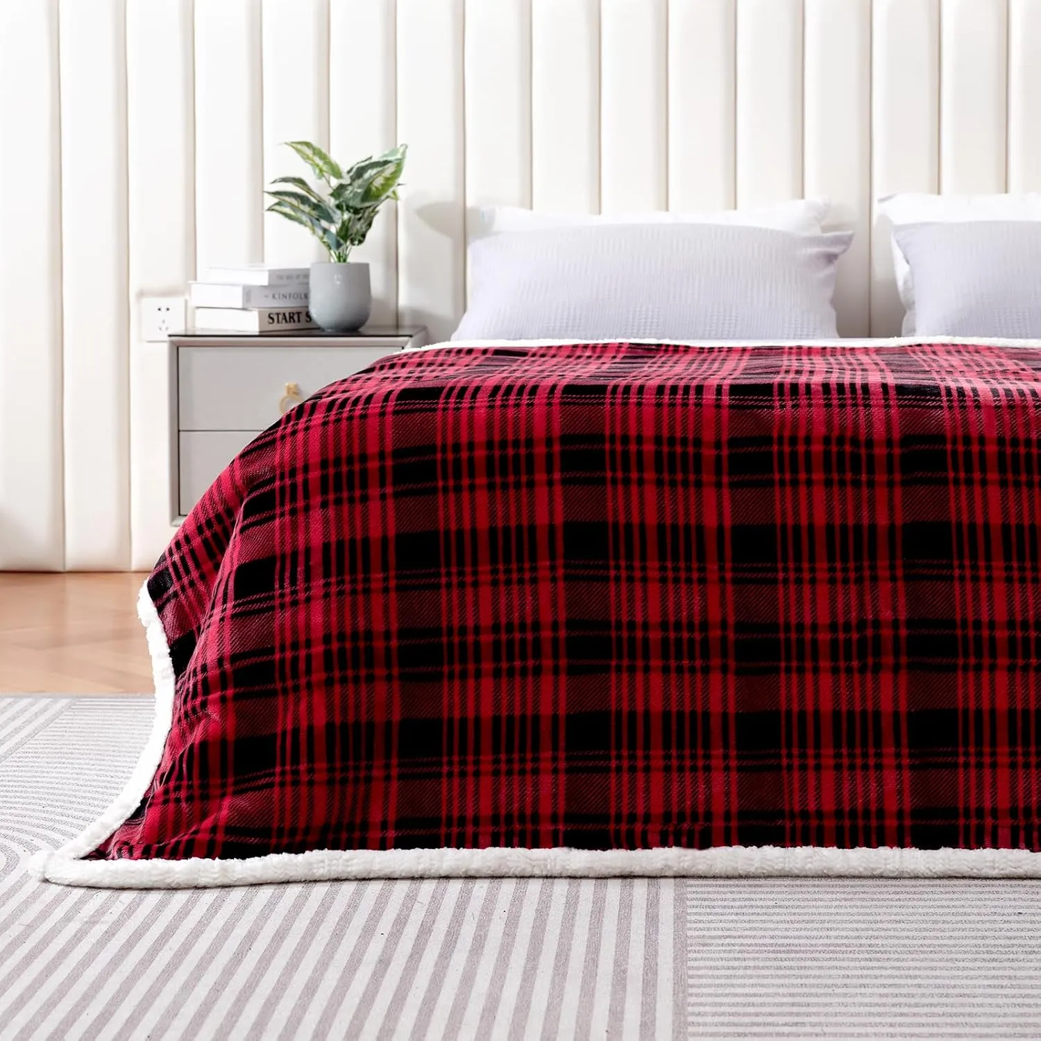 Touchat Sherpa Plaid Throw Blanket(60" X 70", Plaid Red), Fuzzy Fluffy Cozy Soft Blanket, Fleece Flannel Plush Twin Size Microfiber Blanket for Couch Bed Sofa