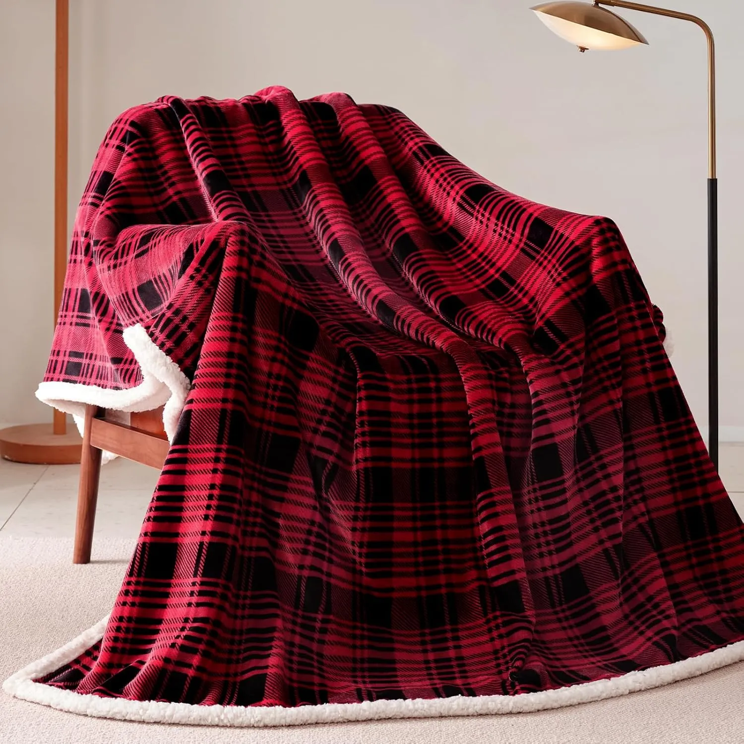 Touchat Sherpa Plaid Throw Blanket(60" X 70", Plaid Red), Fuzzy Fluffy Cozy Soft Blanket, Fleece Flannel Plush Twin Size Microfiber Blanket for Couch Bed Sofa