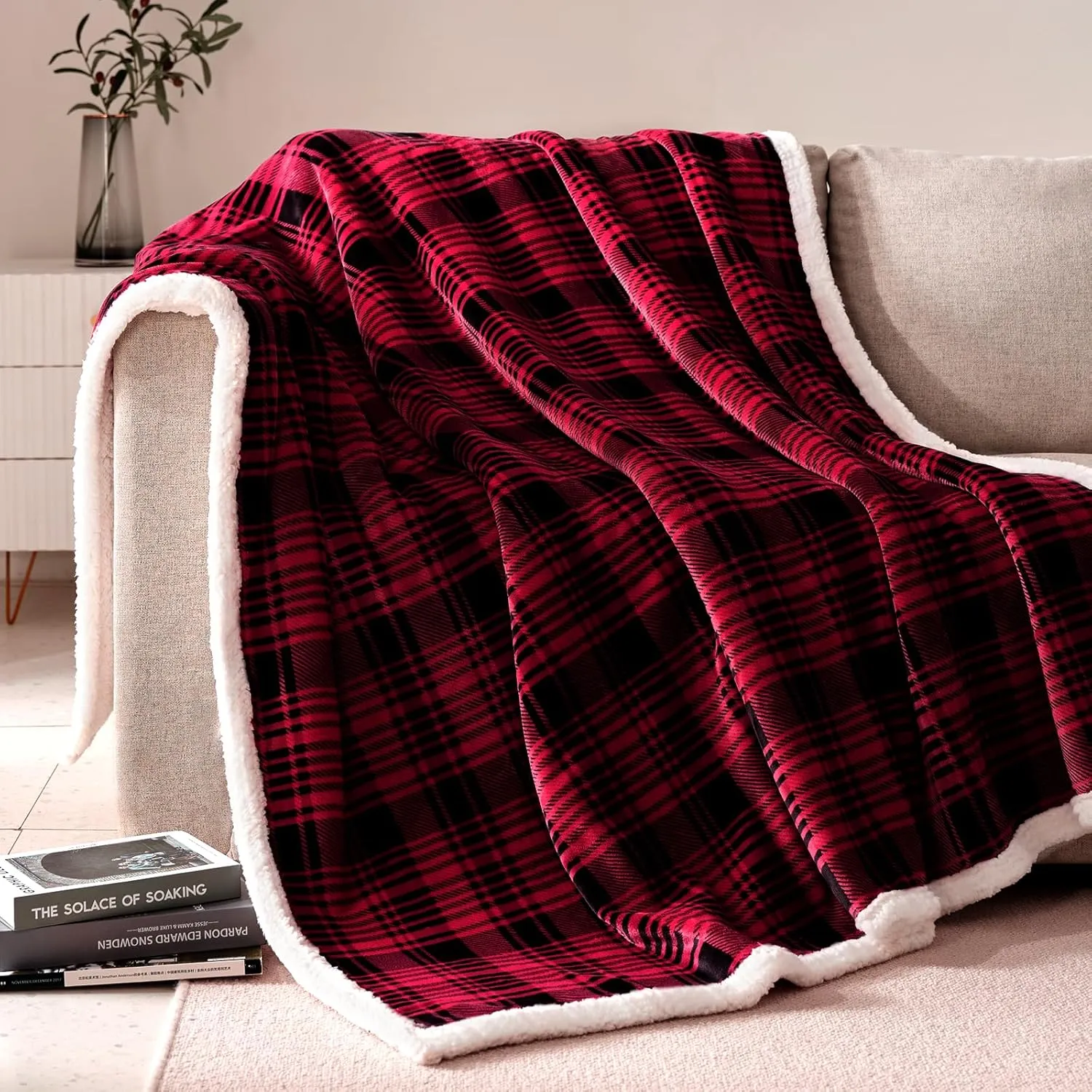 Touchat Sherpa Plaid Throw Blanket(60" X 70", Plaid Red), Fuzzy Fluffy Cozy Soft Blanket, Fleece Flannel Plush Twin Size Microfiber Blanket for Couch Bed Sofa