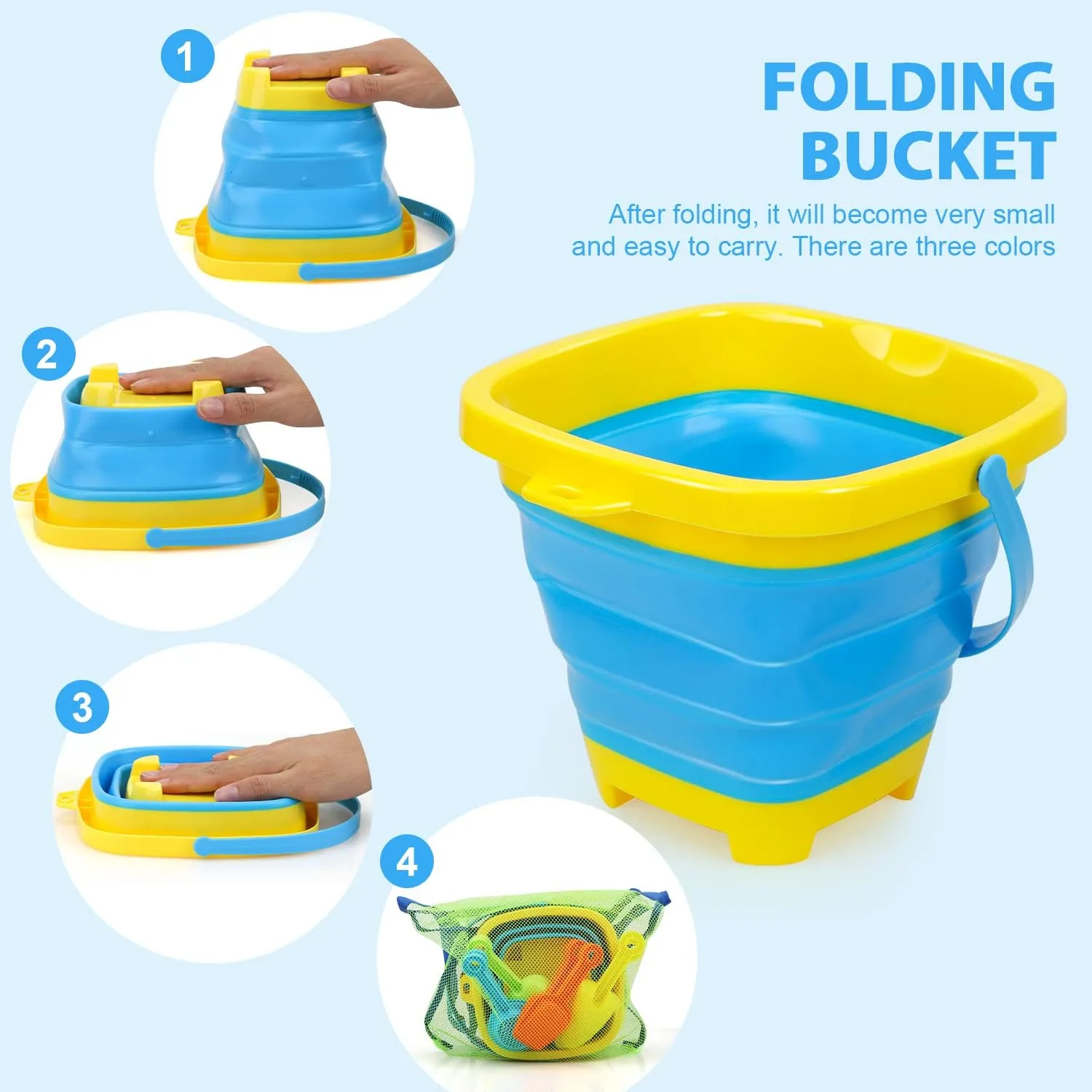TOY Life Collapsible Beach Toys for Kids with 4 Silicone Collapsible Sand Buckets & 8 Shovels & Mesh Bag, Travel Beach Essentials for Kids Sand Toys Toddlers, Sandbox Toys for Boys Girls Ages 3-5 4-8