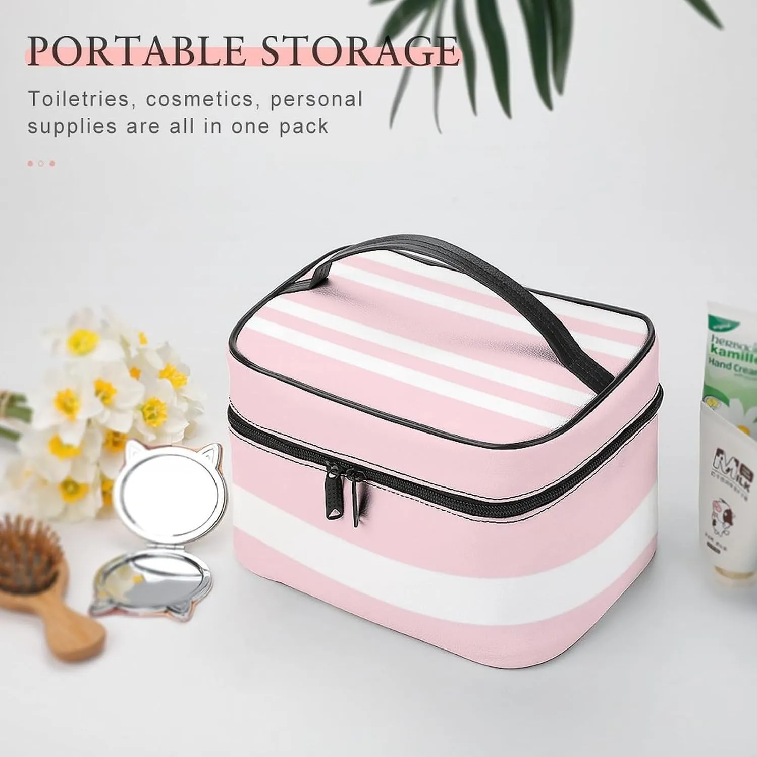 Travel Makeup Bag, Pale Pink and White Striped Cosmetic Bags for Women Large Capacity Waterproof Toiletry Bag Make up Organizer