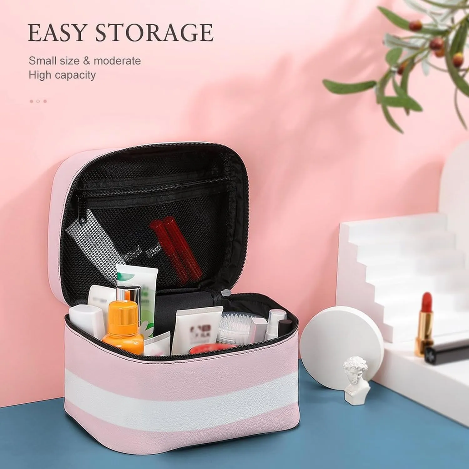 Travel Makeup Bag, Pale Pink and White Striped Cosmetic Bags for Women Large Capacity Waterproof Toiletry Bag Make up Organizer