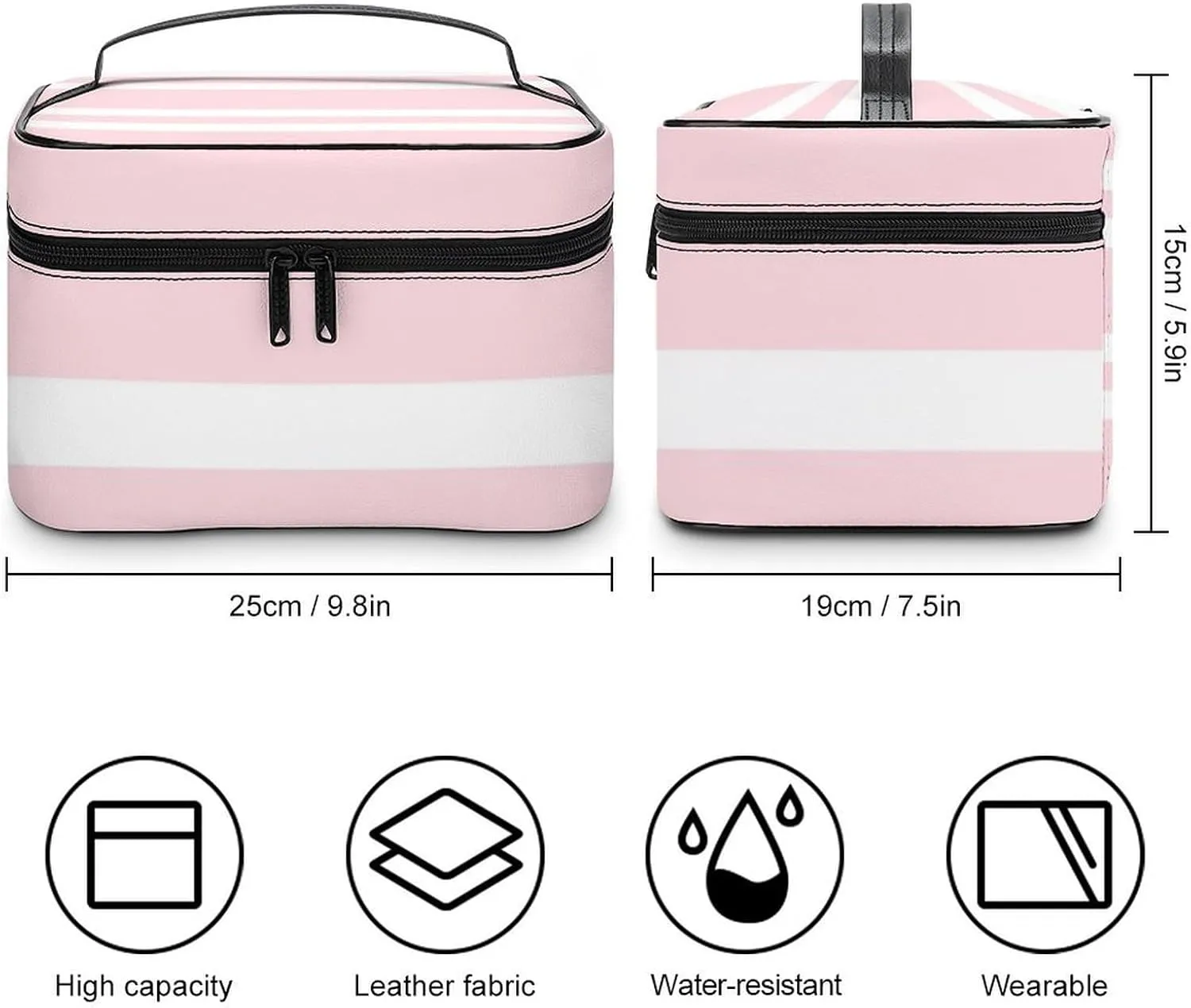 Travel Makeup Bag, Pale Pink and White Striped Cosmetic Bags for Women Large Capacity Waterproof Toiletry Bag Make up Organizer