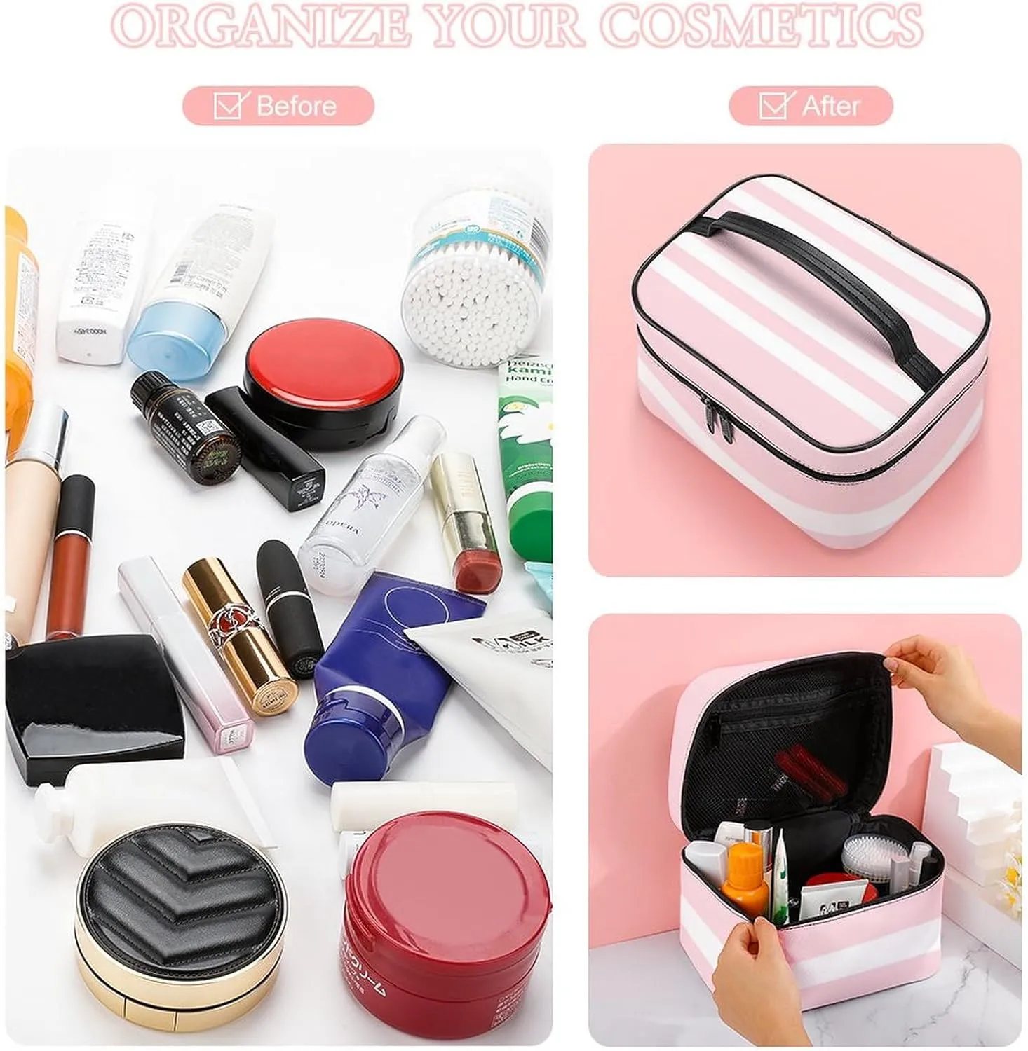 Travel Makeup Bag, Pale Pink and White Striped Cosmetic Bags for Women Large Capacity Waterproof Toiletry Bag Make up Organizer