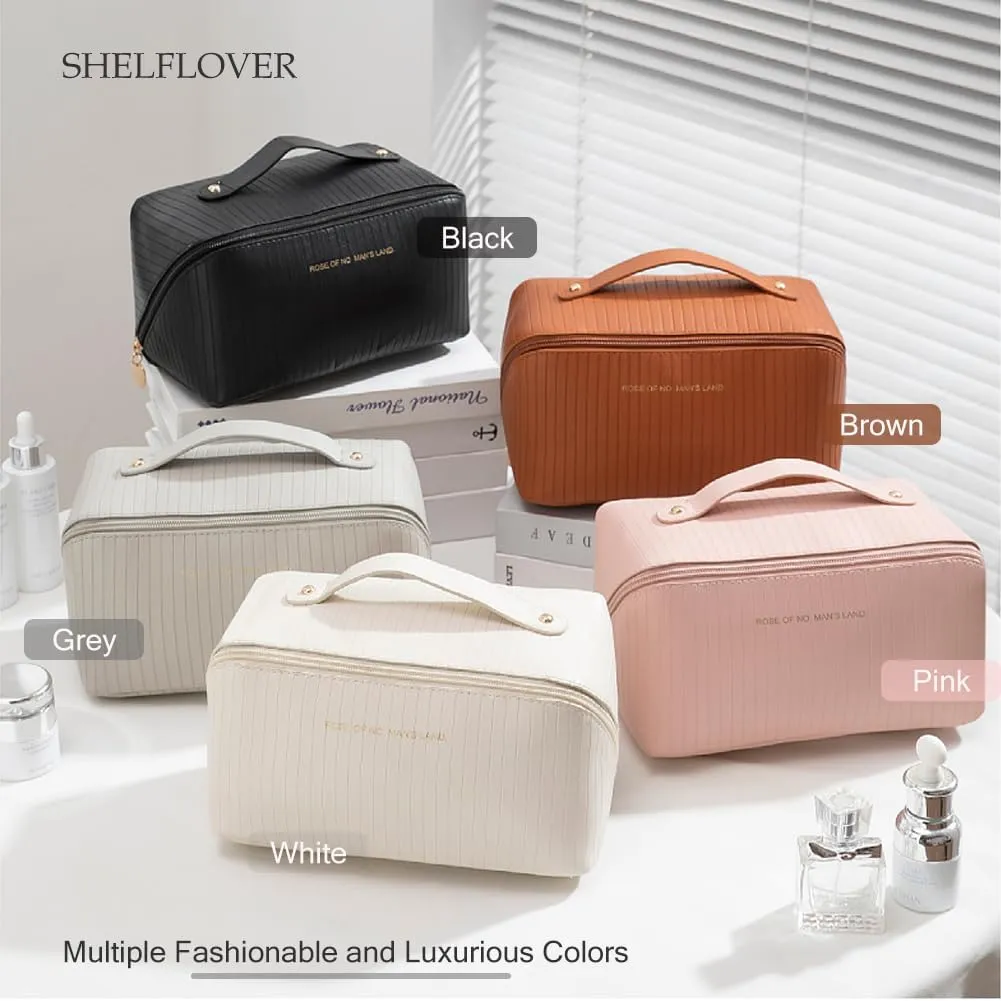 Travel Toiletry Bag Makeup Bag, Water-Resistent Cosmetic Bags for Women, Portable Pouch Open Flat Make Up Organizer Case, Cosmetic Bags, Black Striped