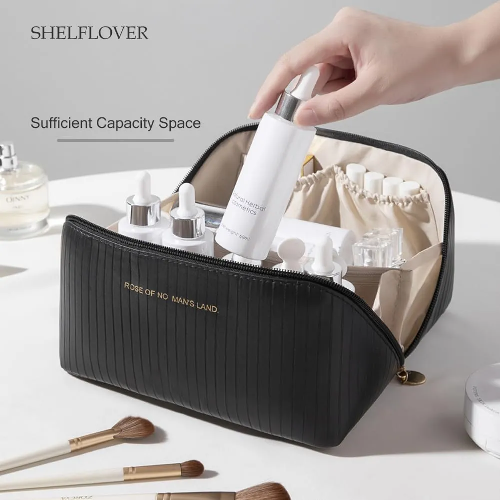 Travel Toiletry Bag Makeup Bag, Water-Resistent Cosmetic Bags for Women, Portable Pouch Open Flat Make Up Organizer Case, Cosmetic Bags, Black Striped