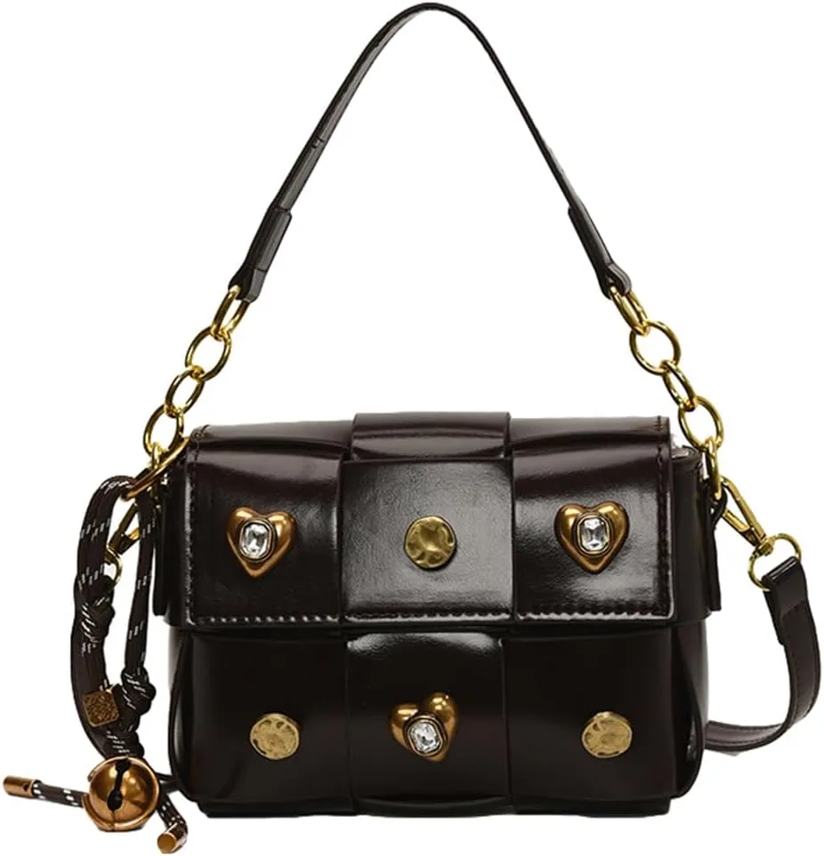 Trendy Rivet Crossbody Bag Small Patchwork Shoulder Purse PU Leather Tote Handbag Dating Travel Work
