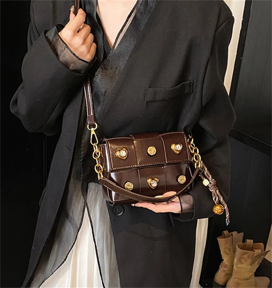 Trendy Rivet Crossbody Bag Small Patchwork Shoulder Purse PU Leather Tote Handbag Dating Travel Work