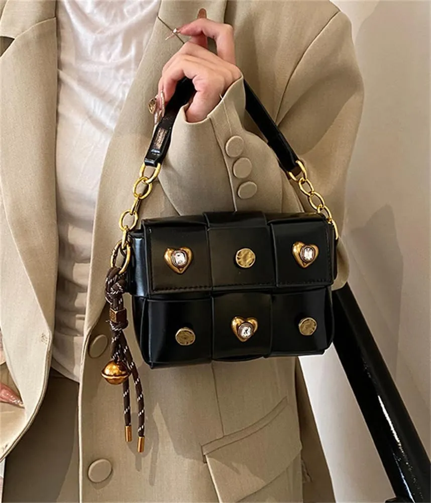 Trendy Rivet Crossbody Bag Small Patchwork Shoulder Purse PU Leather Tote Handbag Dating Travel Work