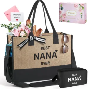 TRSODD Mothers Day Gifts for Nana Personalized Best Nana Birthday Gifts for Women Jute Embroidered Tote Bag and Makeup Bag
