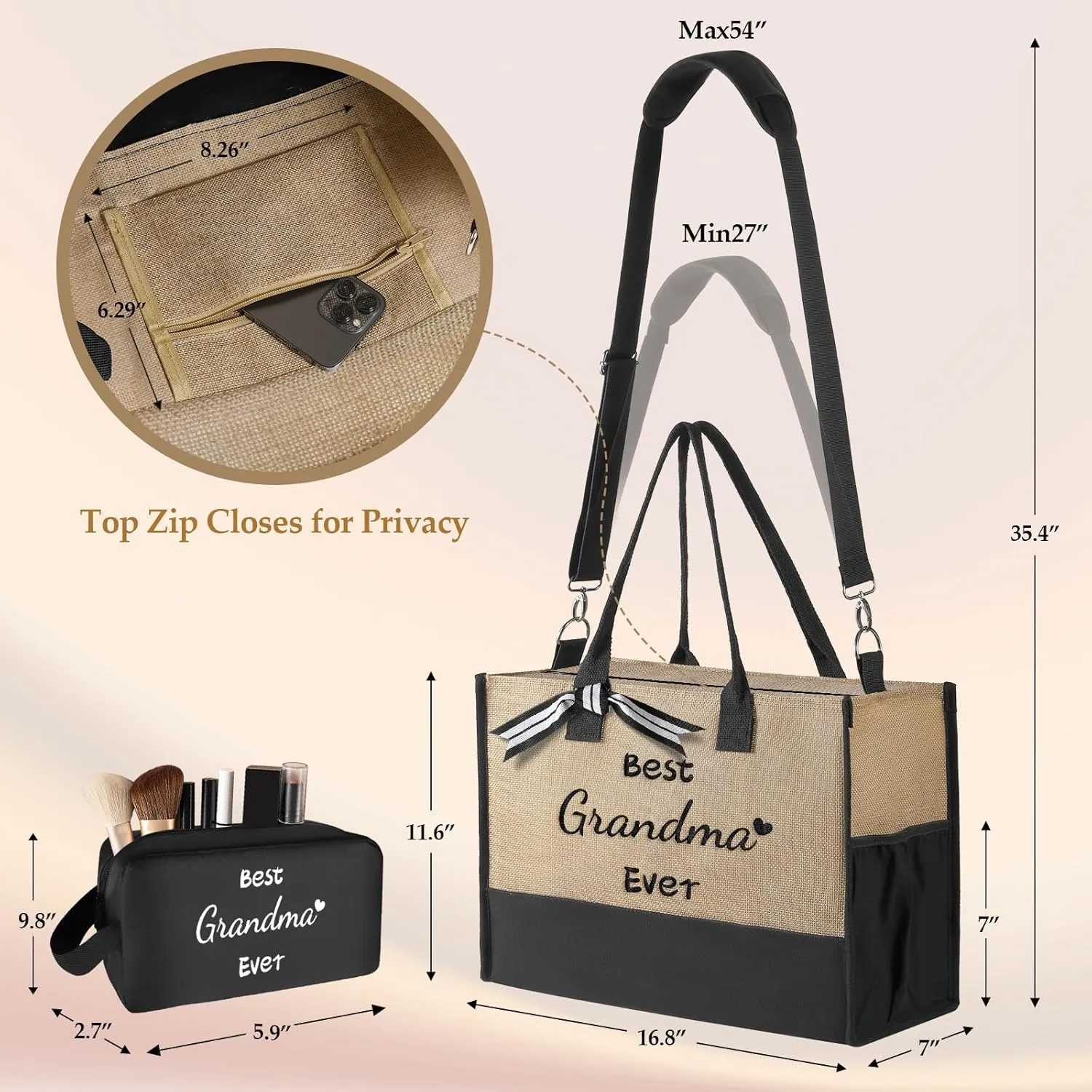 TRSODD Mothers Day Gifts for Nana Personalized Best Nana Birthday Gifts for Women Jute Embroidered Tote Bag and Makeup Bag